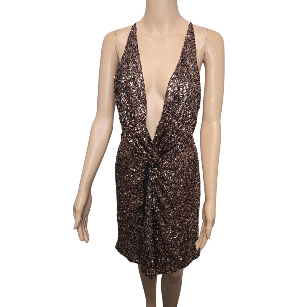 ASTR the label medium gold sequin party dress sexy short plunge neck